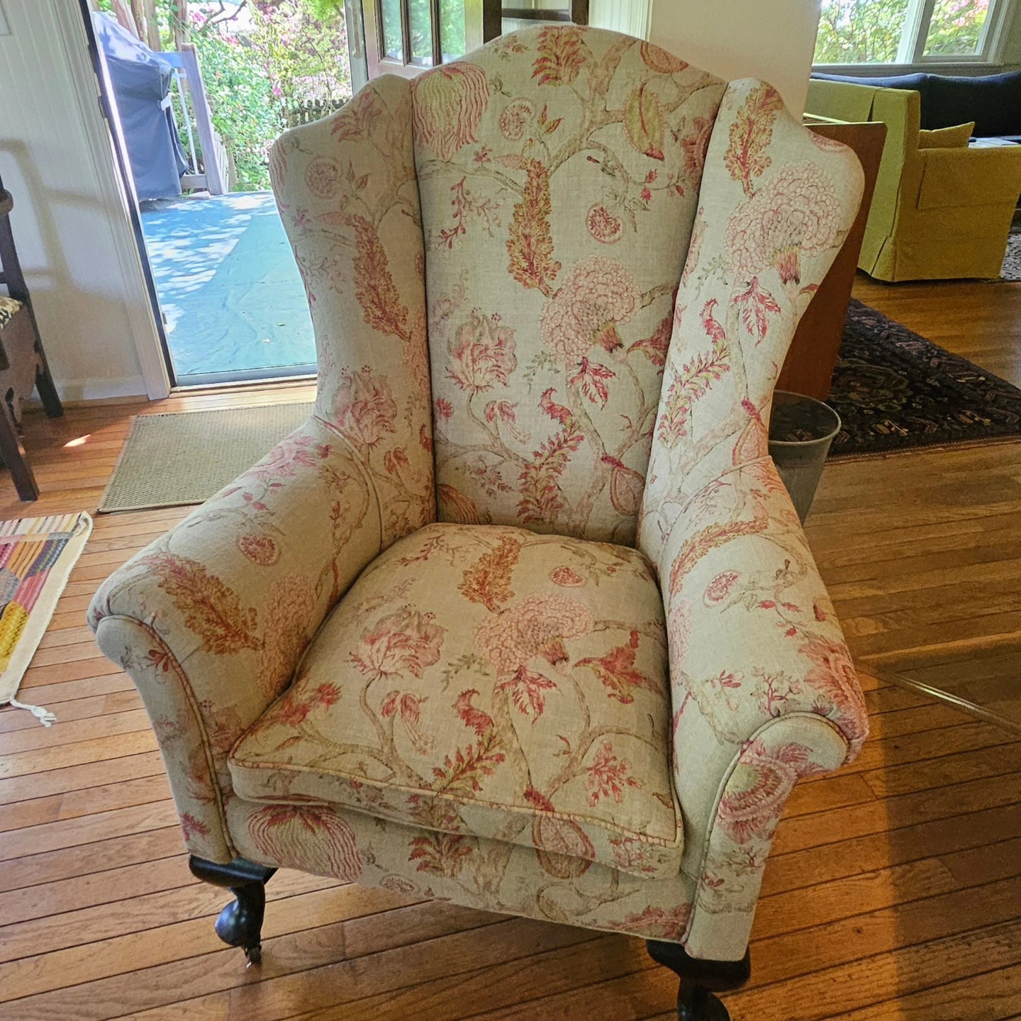 Botanical-print wingback chair, redone and ready for delivery